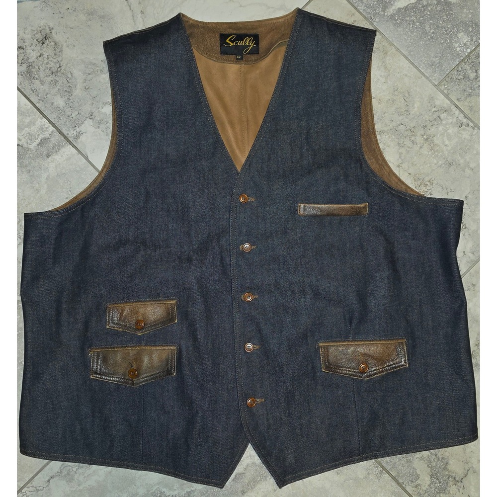 Scully Mens 4X Denim and Leather Western Vest Blue Brown Button Front Distressed